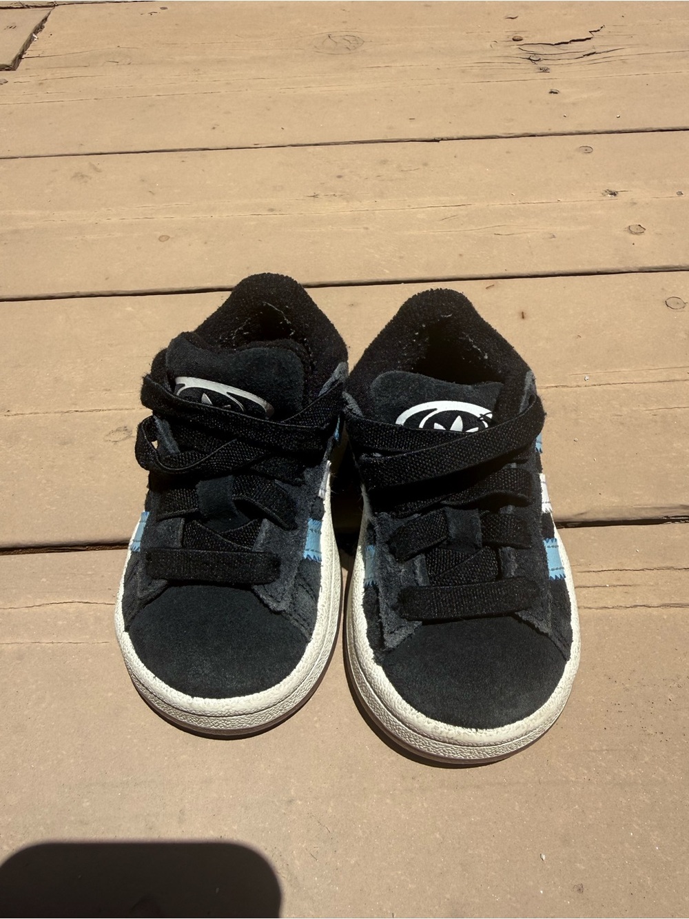 adidas Toddler Kids Black Suede Sneakers with Blue & White Stripes - Picture 3 of 5